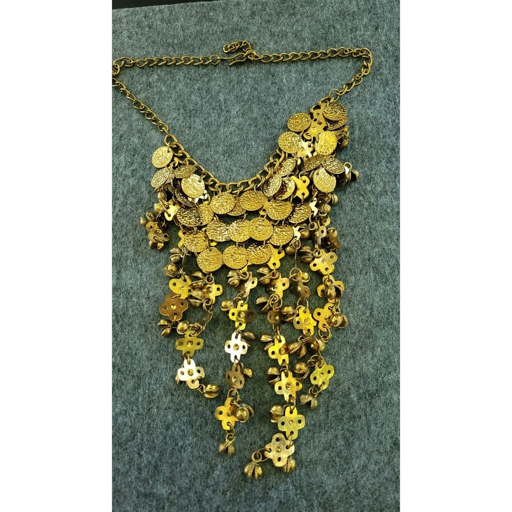 Gold Tone Coin Bell Fringe Bib Necklace 17in 70g Boho Statement Heavy